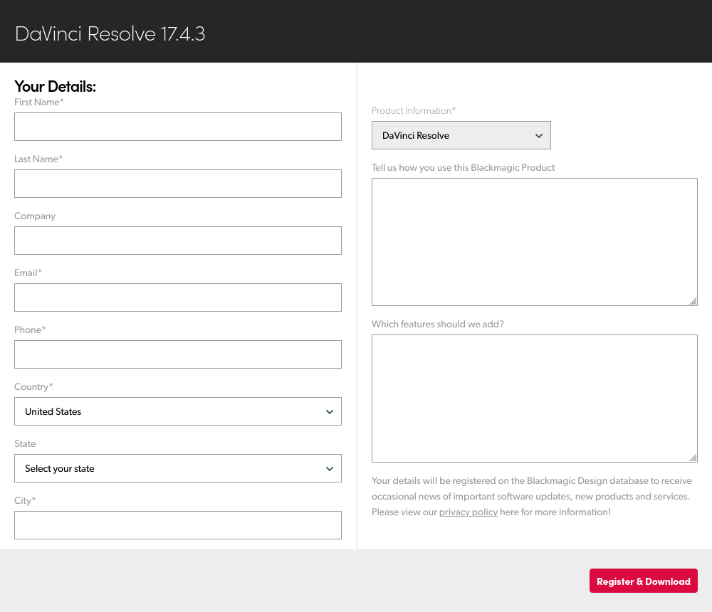 Registration form
