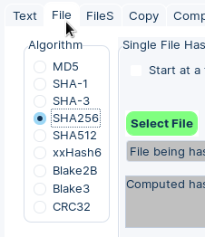 QuickHash File tab and SHA256 Algorithm