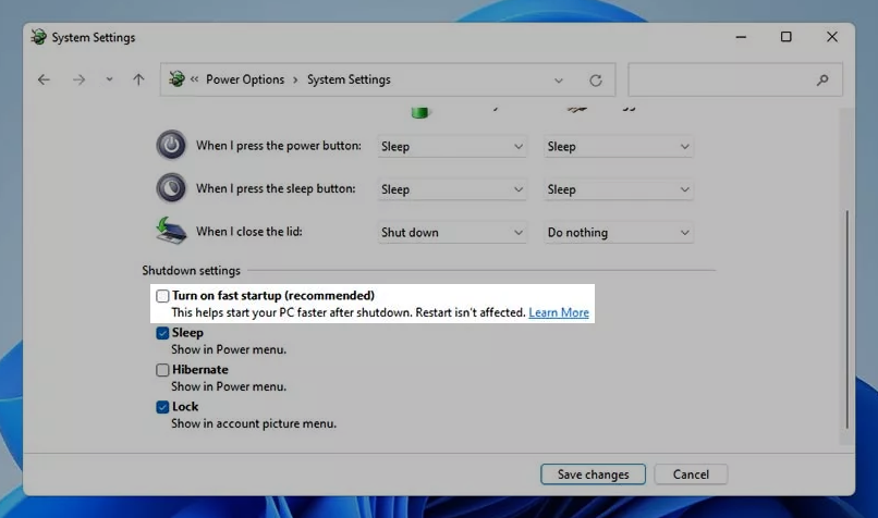 Turn on fast startup option in Shutdown settings