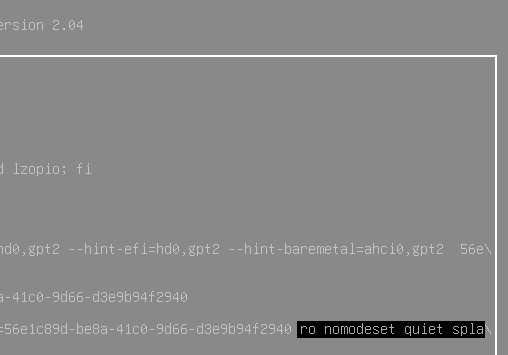Boot parameters with the text ro nomodeset quiet splash