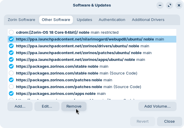 Removing the broken repository in the Software & Updates app
